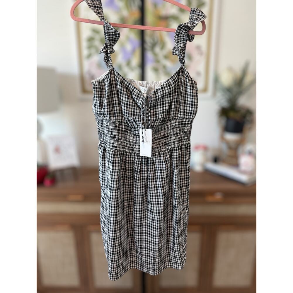 NWT Wayf Smocked Waist Gingham Checkered Ruffle Mini Dress Black Womens Size XL - Picture 4 of 9